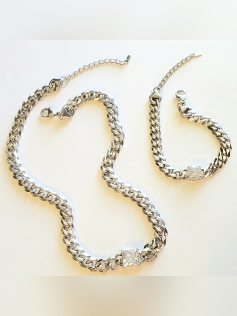 Stainless Steel Set - Cuban Link Necklace and Bracelet with CZ Pendants